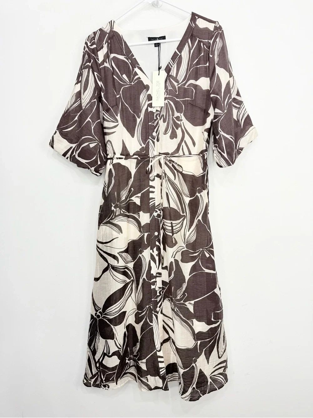 Rachel Zoe Cream Brown Floral Print V Neck Puff Sleeve A Line Midi Dress NEW